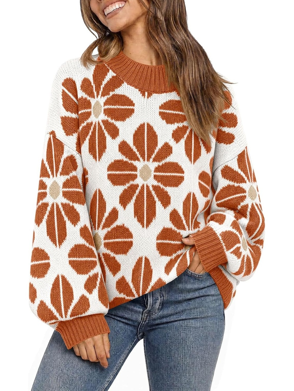 🆕 Women's Orange Floral Knit Sweater Oversized Lantern Sleeve Pullover Top